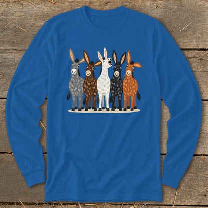 Royal blue long-sleeve t-shirt featuring a cartoon graphic of five donkeys in different colors.