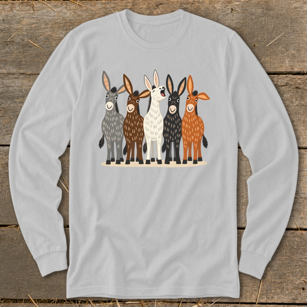 A light grey long-sleeved crewneck t-shirt featuring a graphic of five cartoon donkeys in various colors.