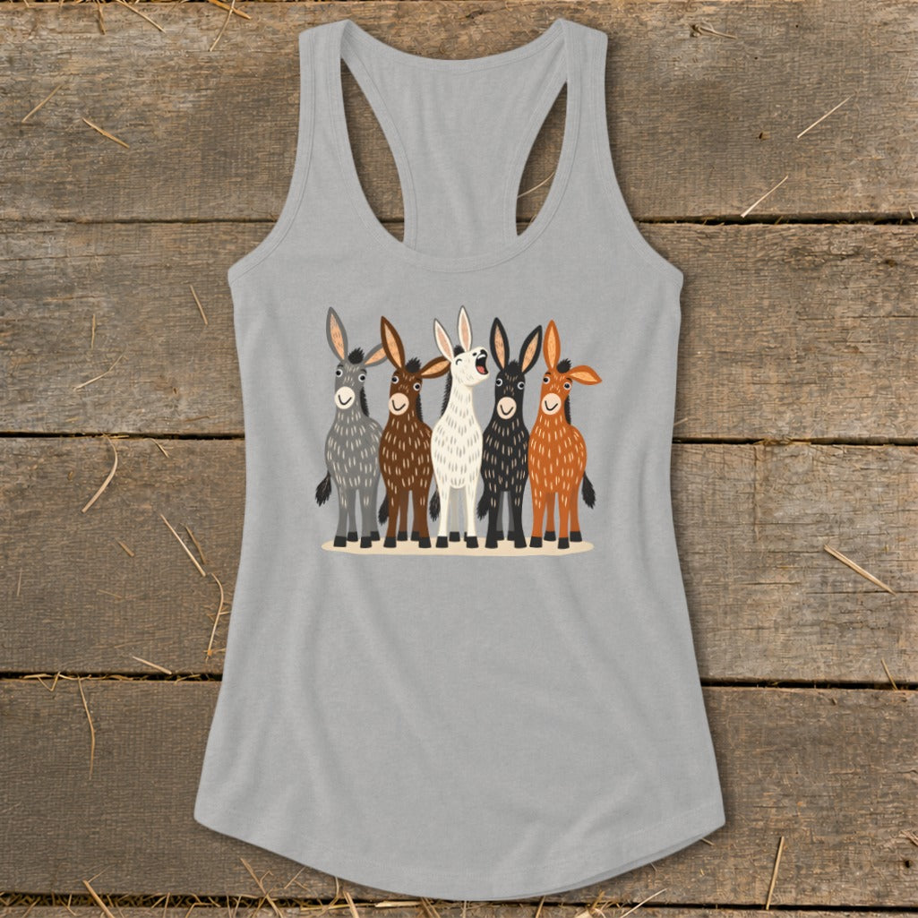 Light gray women's racerback tank top featuring a graphic of five cartoon donkeys of different colors standing together.