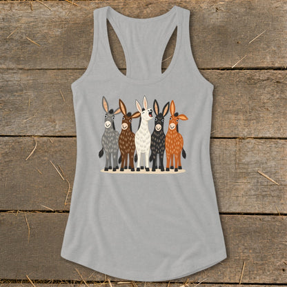 Light gray women's racerback tank top featuring a graphic of five cartoon donkeys of different colors standing together.