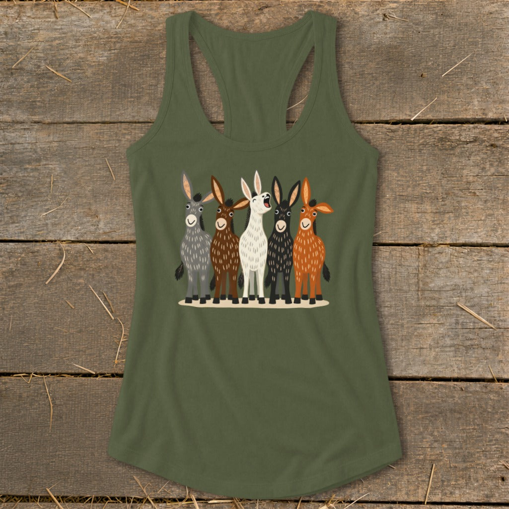 Olive green racerback tank top featuring a graphic of five cartoon donkeys of various colors standing in a row.