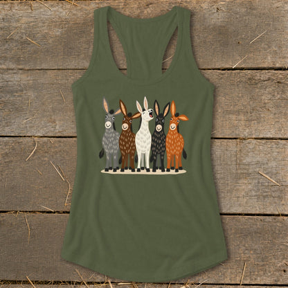 Olive green racerback tank top featuring a graphic of five cartoon donkeys of various colors standing in a row.