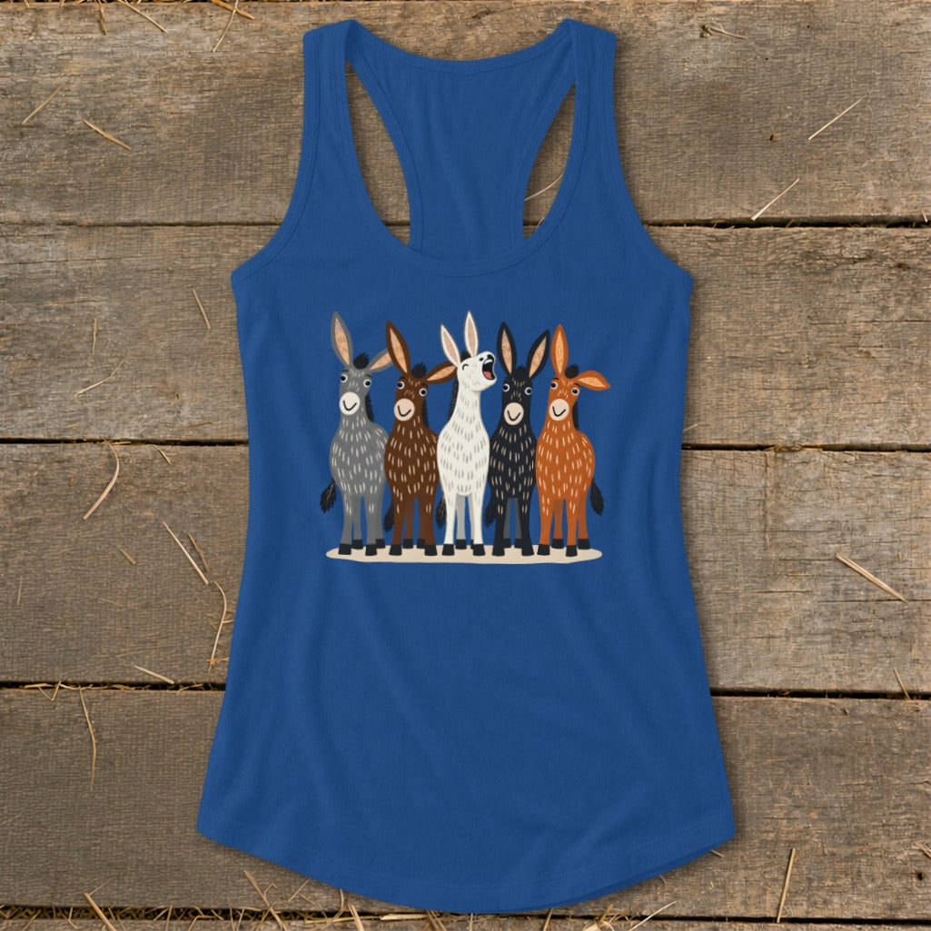 Blue racerback tank top featuring a graphic of five colorful cartoon donkeys on a rustic wooden background.
