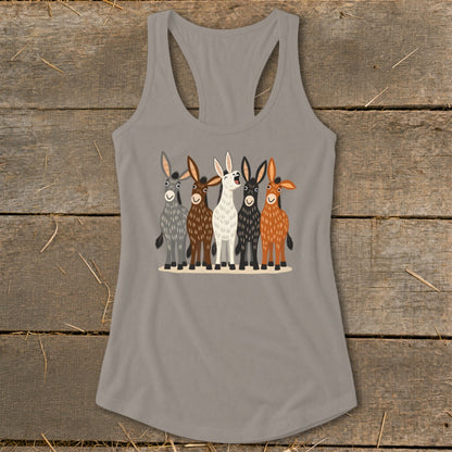 A gray racerback tank top featuring a graphic of five cartoon donkeys.