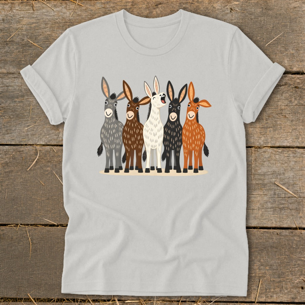 Light gray t-shirt with a graphic of five cartoon donkeys in different colors standing together.