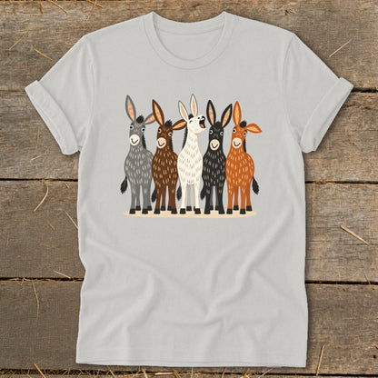 Light gray t-shirt with a graphic of five cartoon donkeys in different colors standing together.