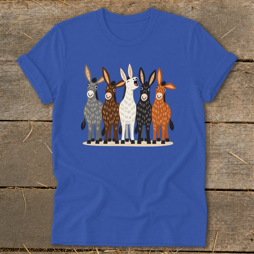 Royal blue t-shirt featuring a cartoon illustration of five colorful donkeys standing together.