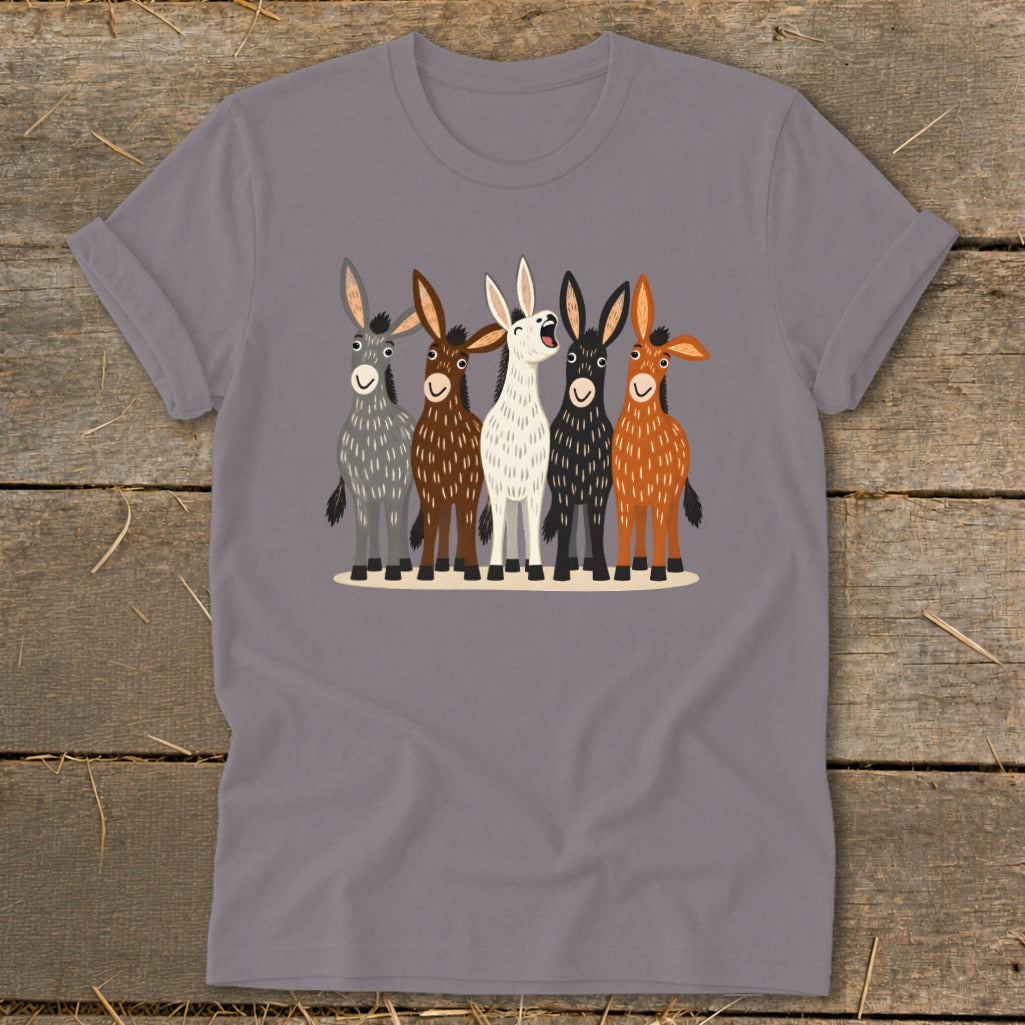 A grey t-shirt featuring a graphic of five cartoon donkeys in various colors.