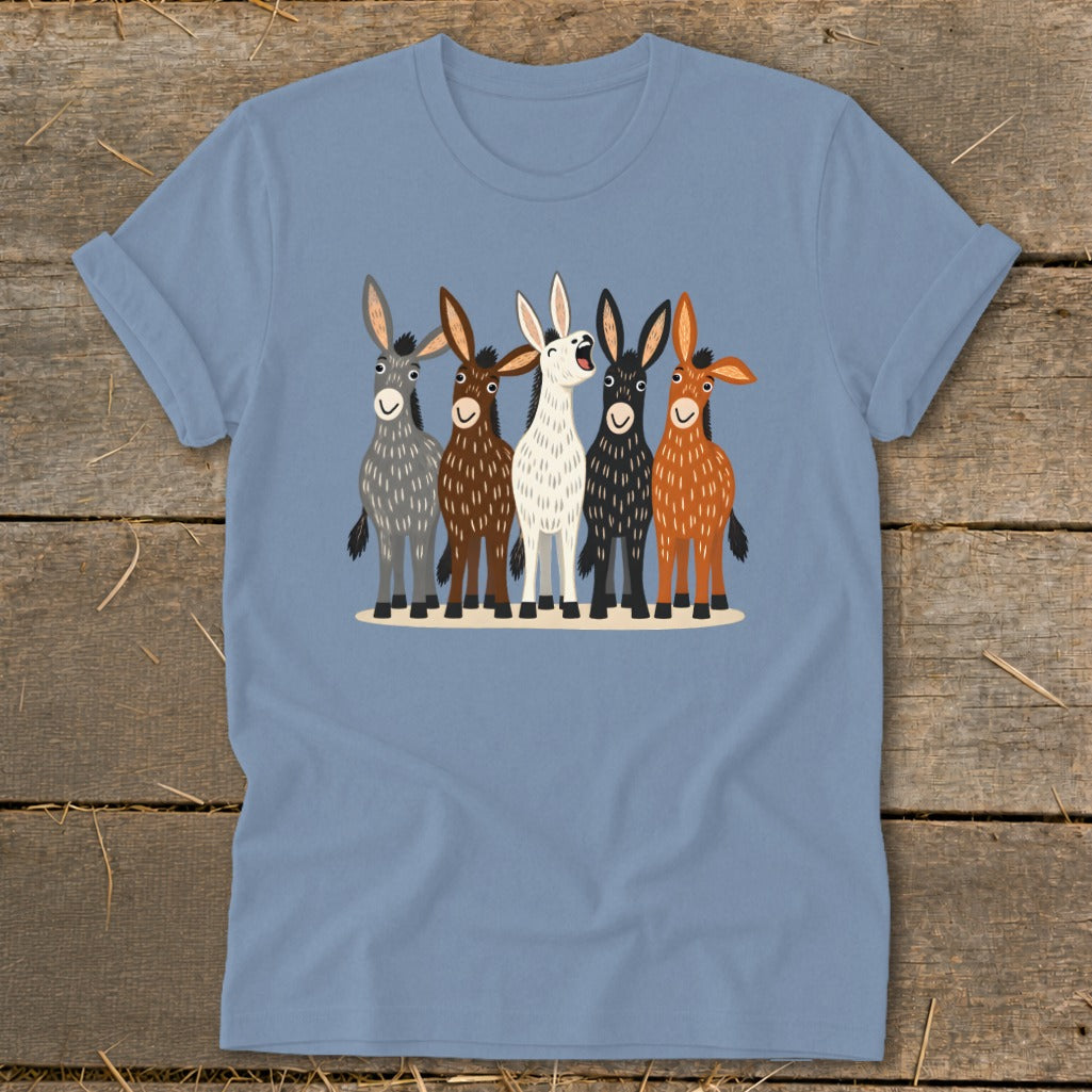 A faded blue crewneck t-shirt featuring a graphic of five cartoon donkeys in various colors.