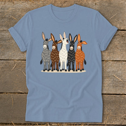 A faded blue crewneck t-shirt featuring a graphic of five cartoon donkeys in various colors.