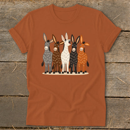 Rust-orange t-shirt featuring a graphic of five illustrated donkeys of different colors standing together on a wooden surface.