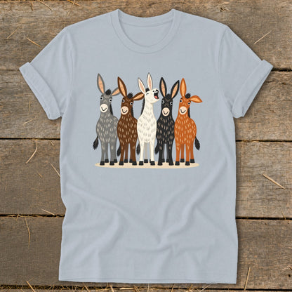 A light blue t-shirt with a graphic of five cartoon donkeys in various colors.