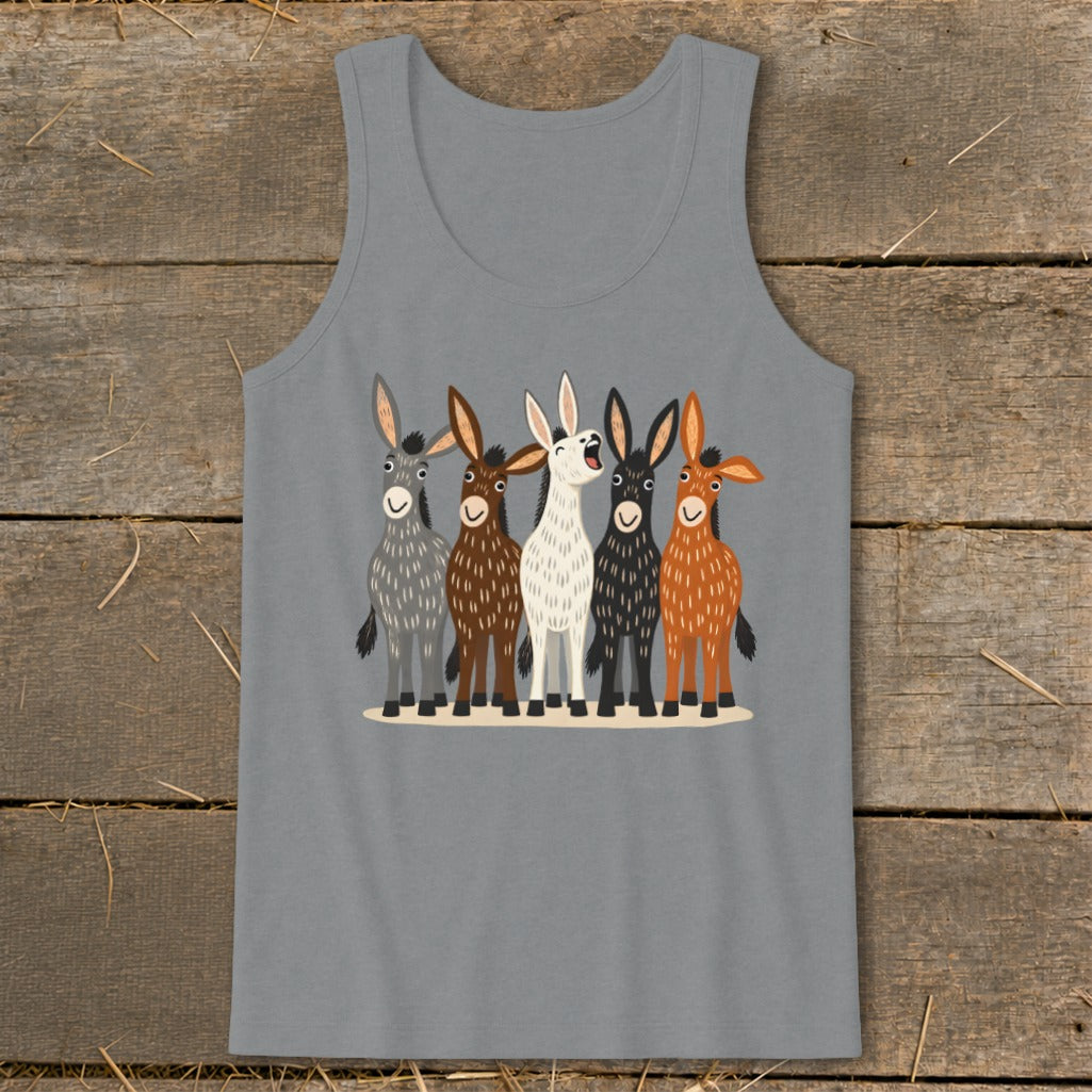 A gray tank top featuring a graphic of five cartoon donkeys in various colors.