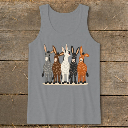 A gray tank top featuring a graphic of five cartoon donkeys in various colors.