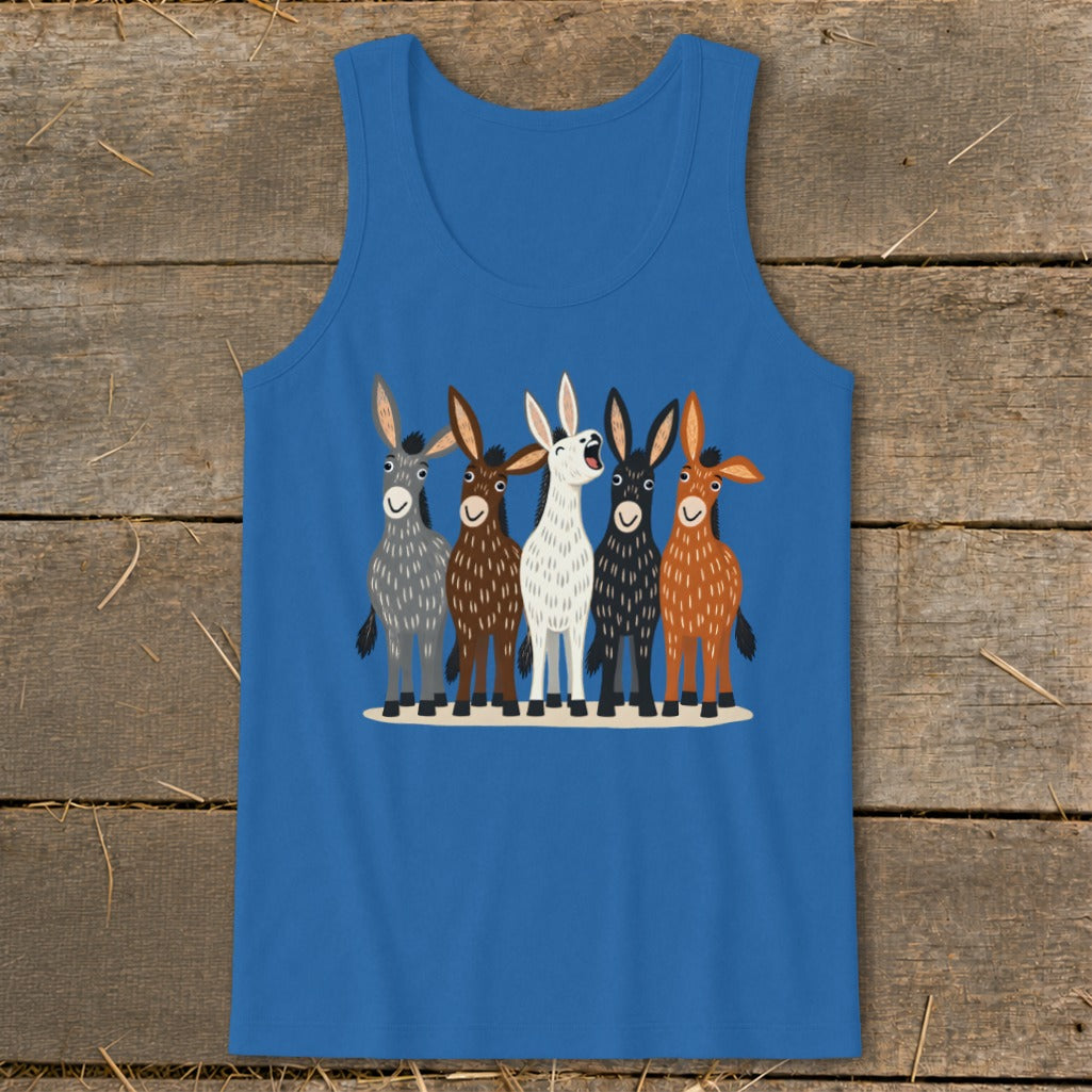 Blue tank top featuring a graphic of five cartoon donkeys in gray, brown, white, black, and orange.
