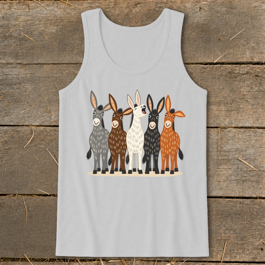 Light gray tank top featuring a cartoon graphic of five colorful donkeys standing together.