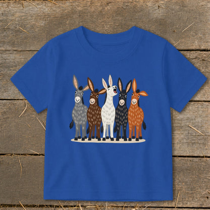 Royal blue crewneck t-shirt featuring an illustration of five colorful donkeys standing together.