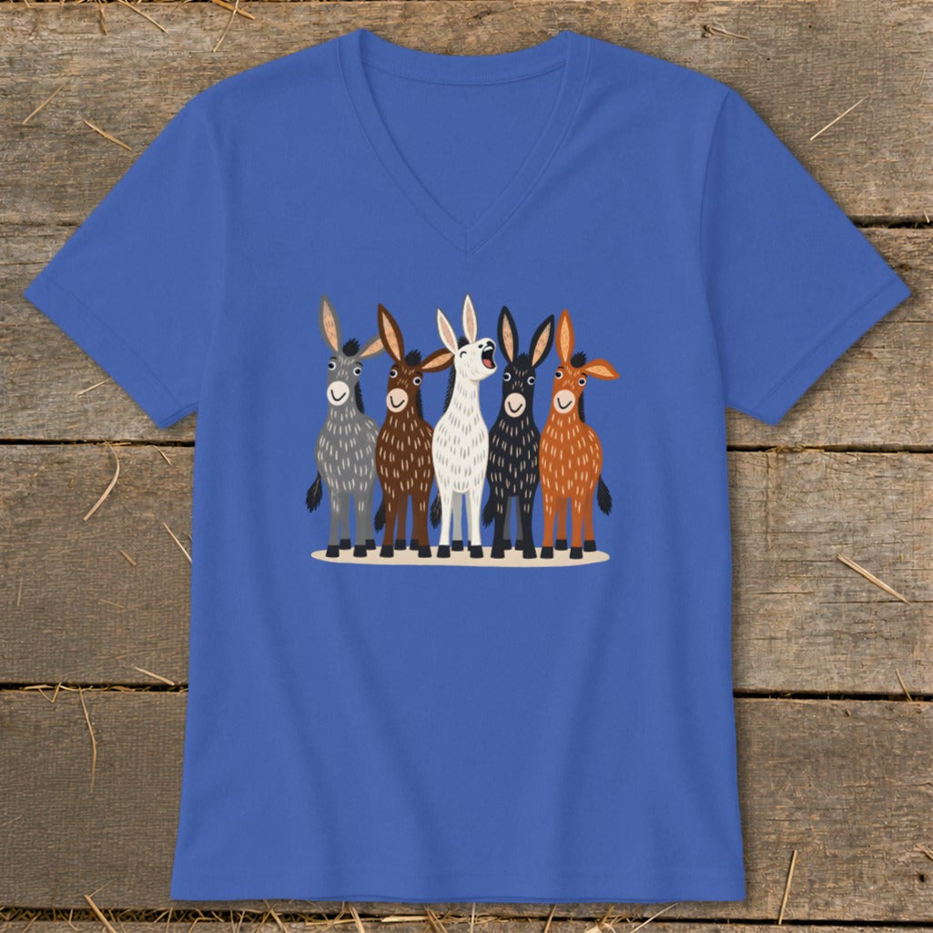 A blue V-neck t-shirt featuring a graphic of five colorful cartoon donkeys standing together.