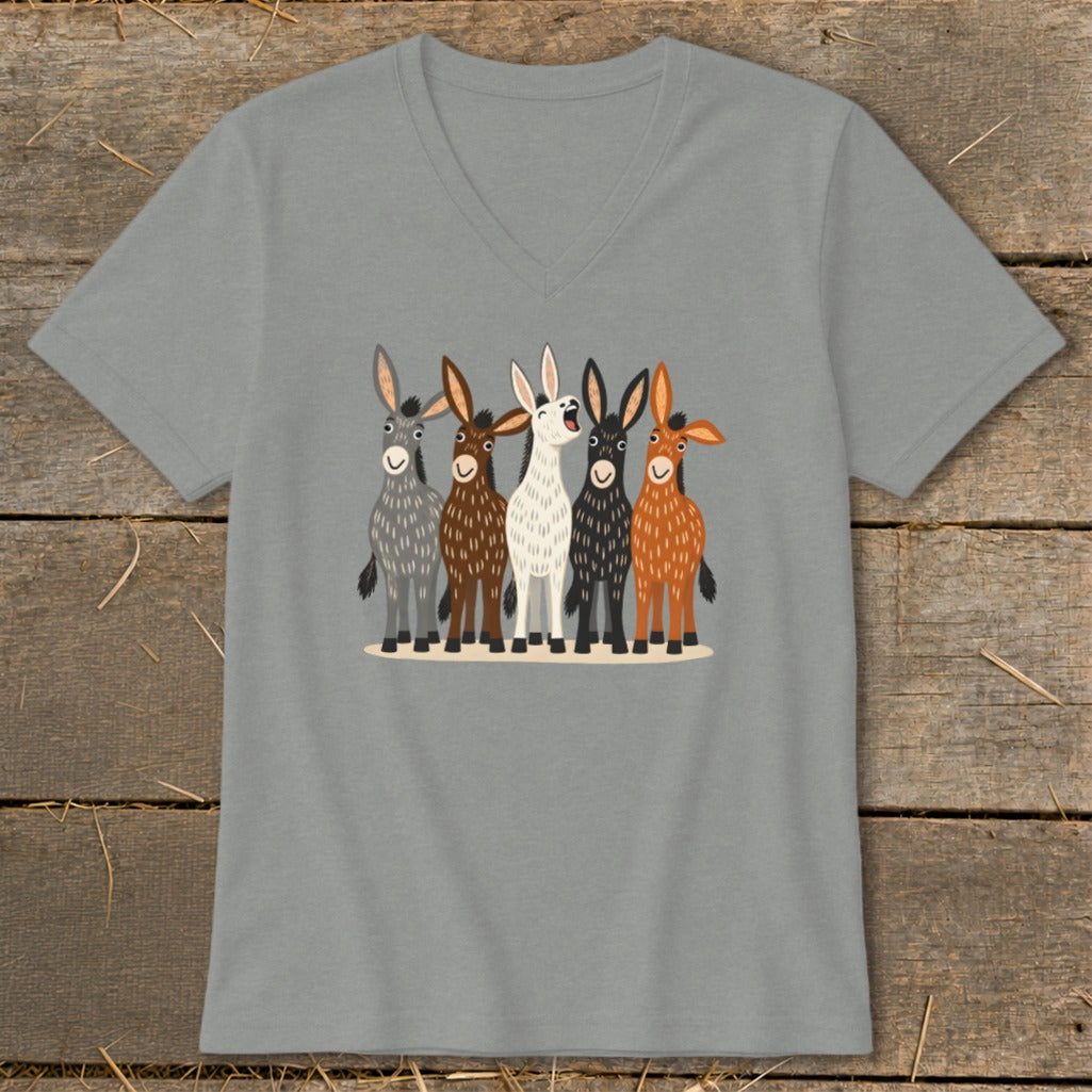 A gray short-sleeve V-neck t-shirt featuring a graphic illustration of five colorful donkeys standing together.