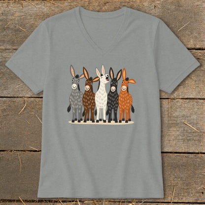 A gray short-sleeve V-neck t-shirt featuring a graphic illustration of five colorful donkeys standing together.
