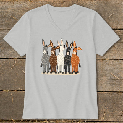 Light gray V-neck t-shirt featuring a graphic illustration of five colorful donkeys standing together.