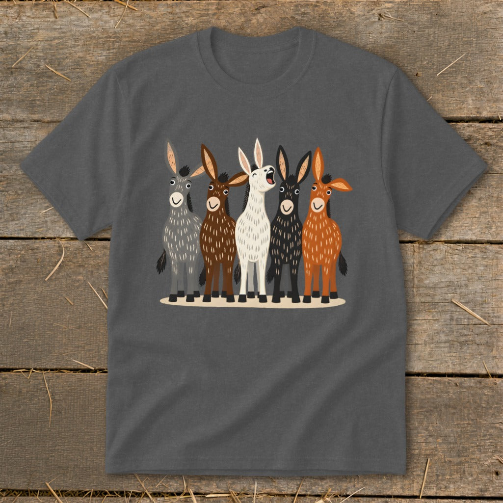 A dark gray crewneck t-shirt featuring a graphic of five cartoon donkeys in various colors.