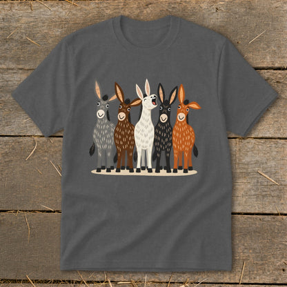 A dark gray crewneck t-shirt featuring a graphic of five cartoon donkeys in various colors.
