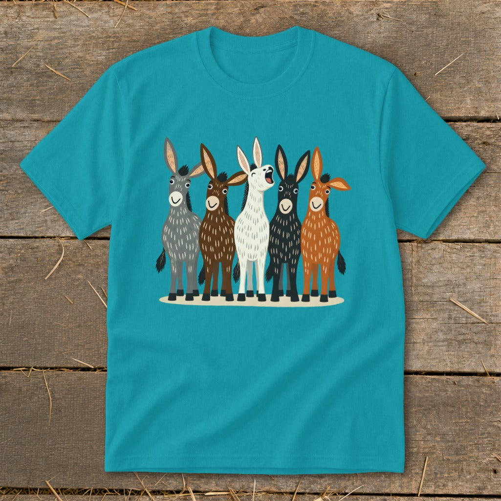 A turquoise crewneck t-shirt featuring an illustration of five colorful donkeys standing side-by-side.