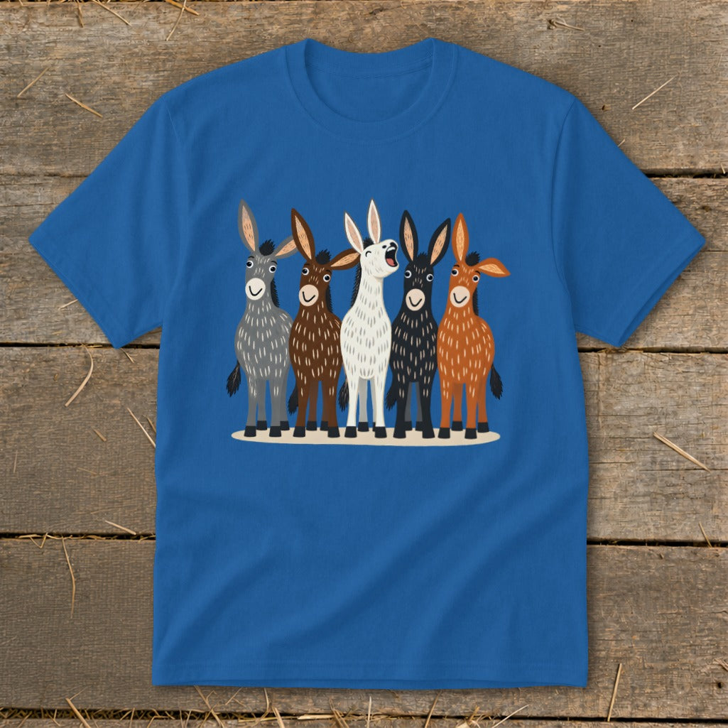 A blue t-shirt featuring an illustration of five cartoon donkeys in a row.