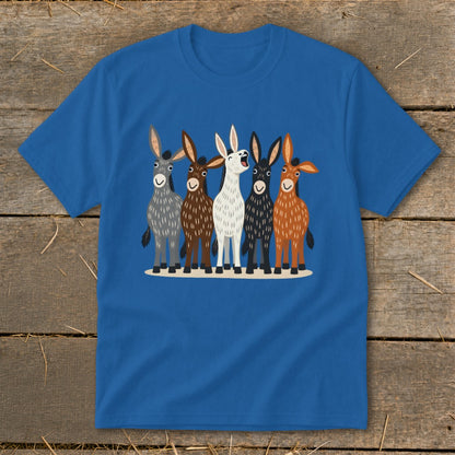 A blue t-shirt featuring an illustration of five cartoon donkeys in a row.