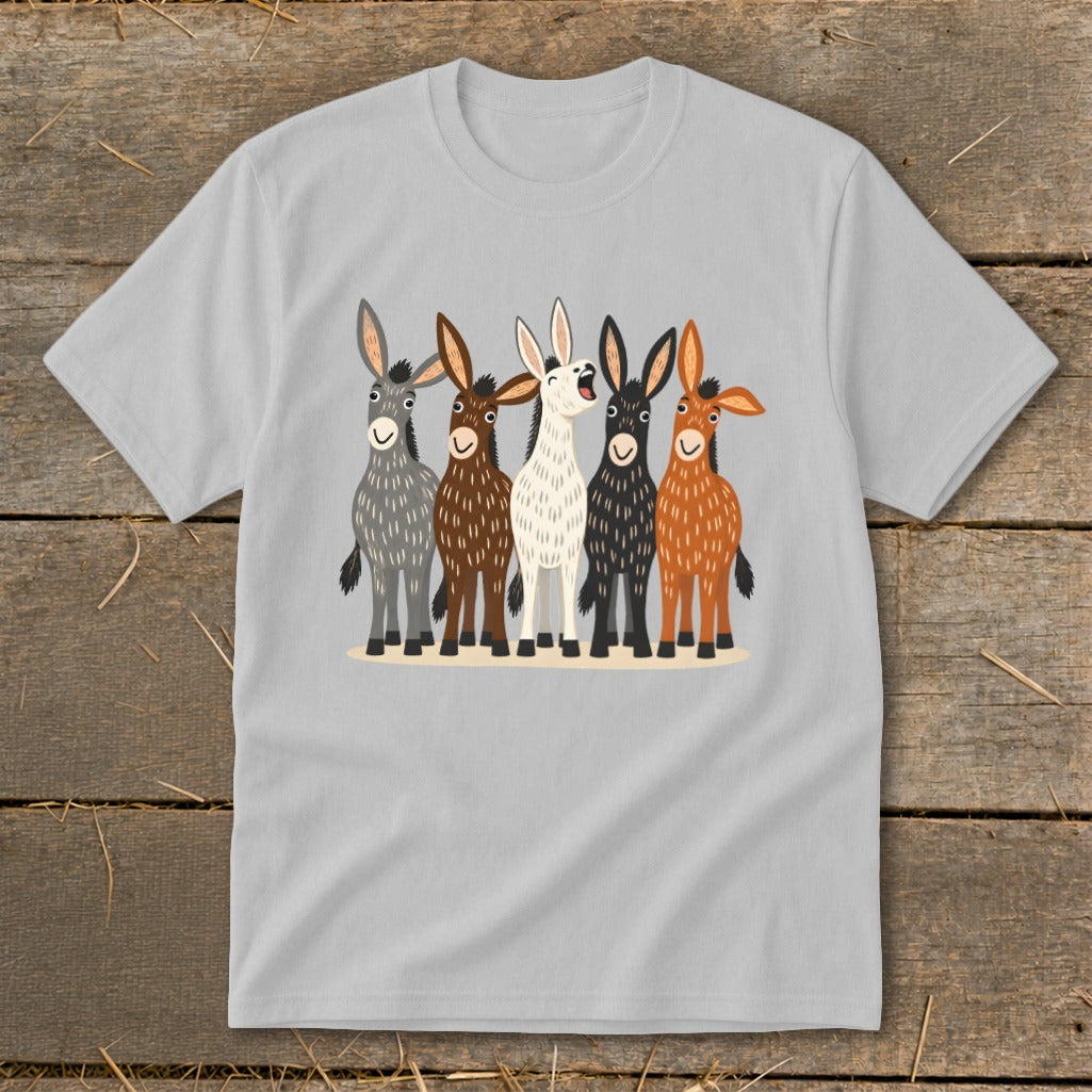 Light gray crewneck t-shirt featuring a cartoon illustration of five colorful donkeys standing together.
