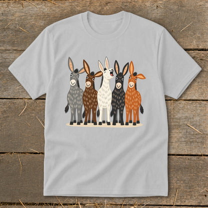 Light gray crewneck t-shirt featuring a cartoon illustration of five colorful donkeys standing together.