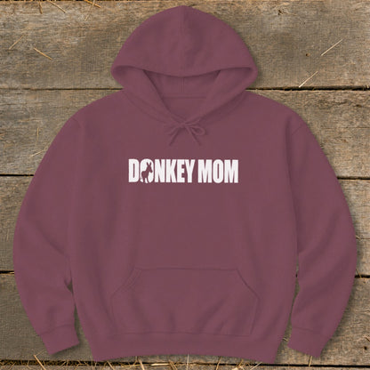 Maroon hoodie featuring the white text DONKEY MOM, with a donkey silhouette replacing the letter O.