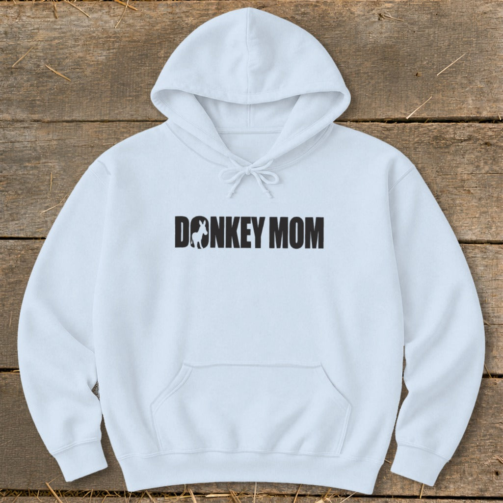 A light blue hooded sweatshirt with Donkey Mom printed in black across the chest.