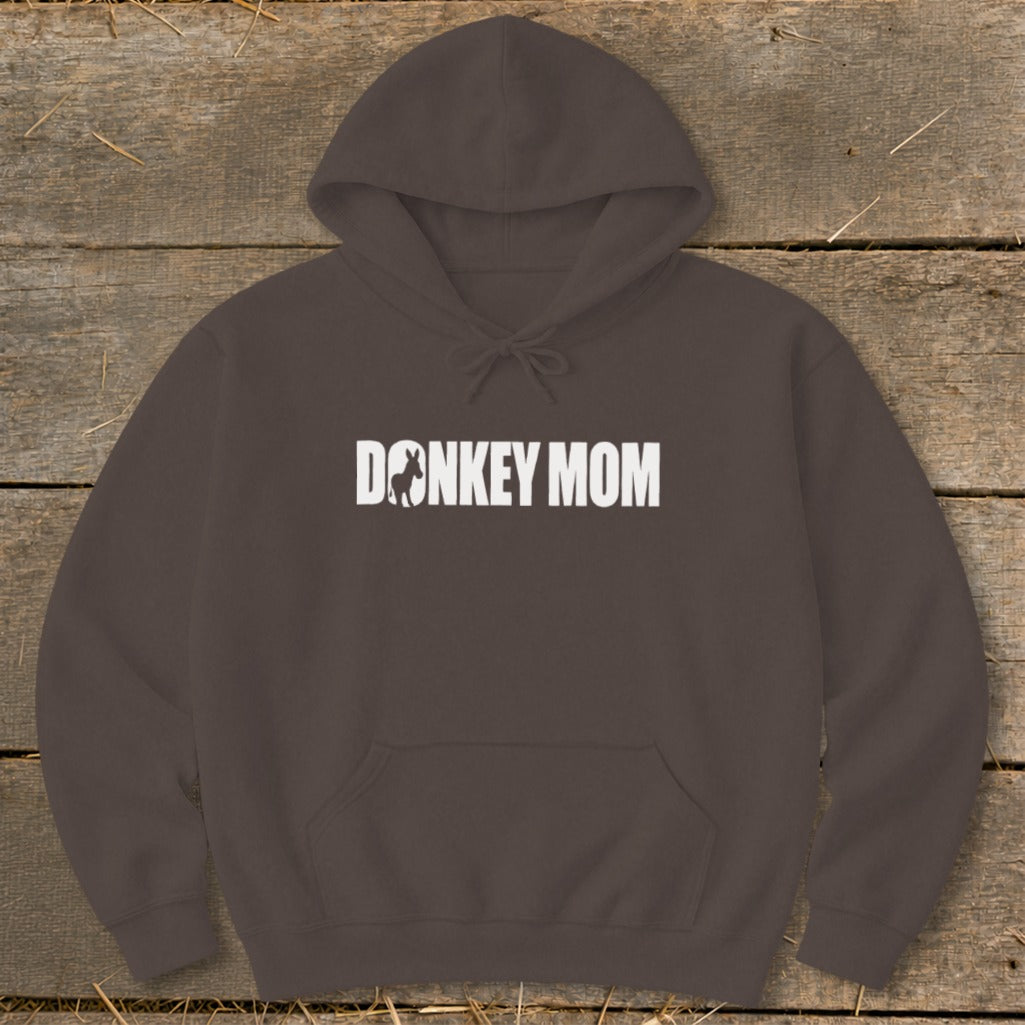 Dark brown hooded sweatshirt with the text Donkey Mom printed in white across the chest.
