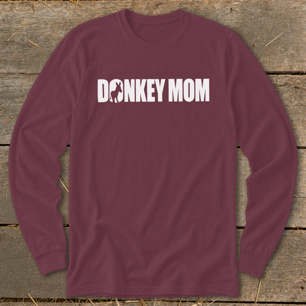 Maroon long-sleeved crewneck shirt featuring the white text DONKEY MOM with a donkey silhouette.