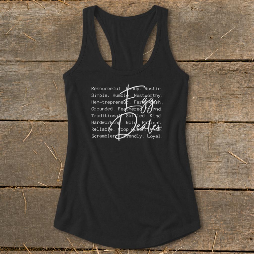 Egg Dealer Words Racerback Tank