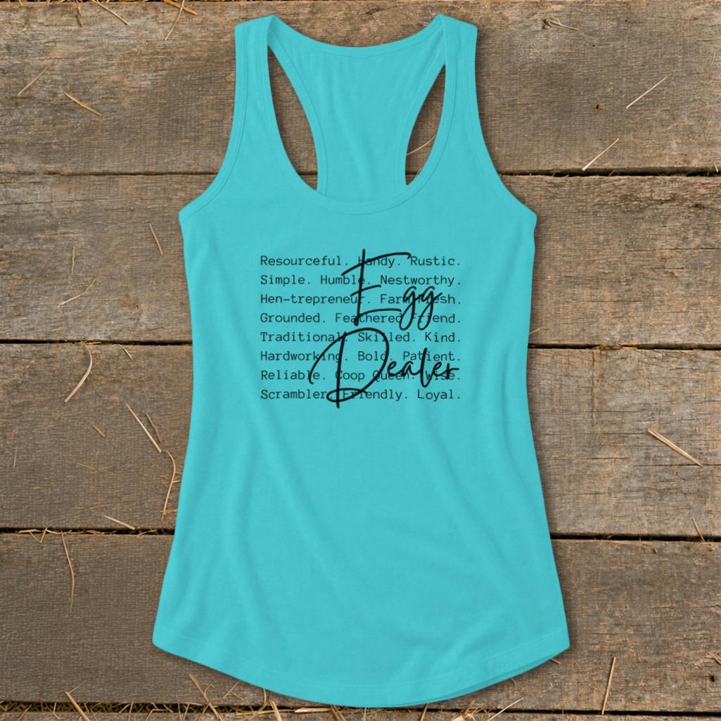 Egg Dealer Words Racerback Tank