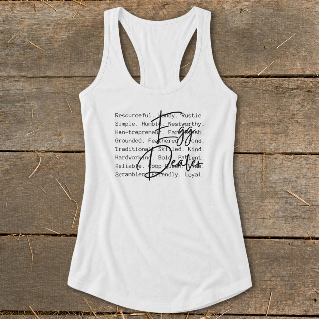 Egg Dealer Words Racerback Tank