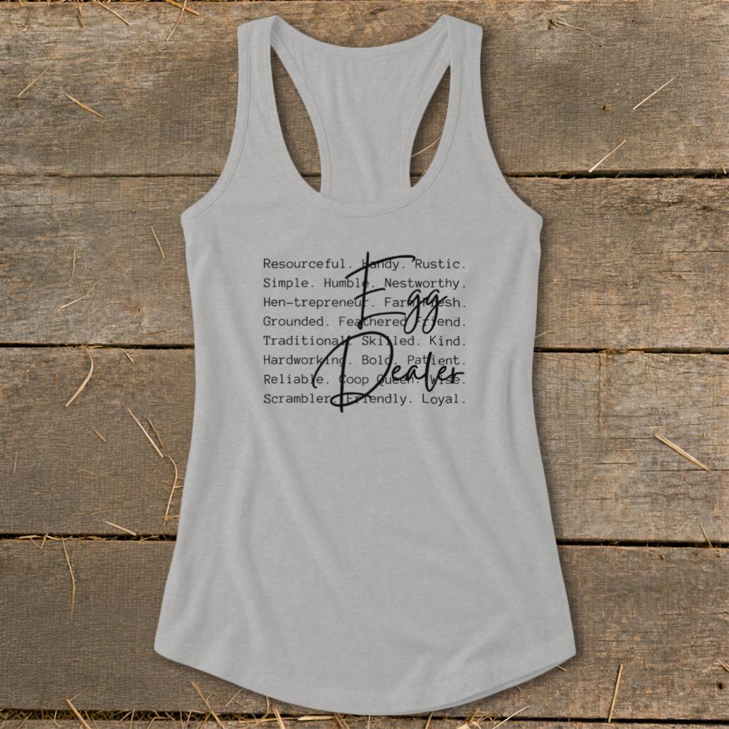 Egg Dealer Words Racerback Tank