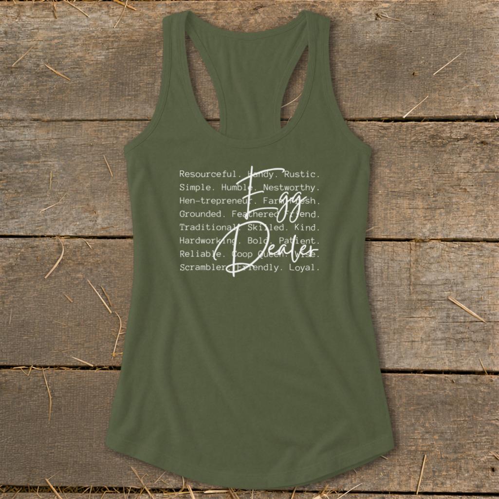 Egg Dealer Words Racerback Tank