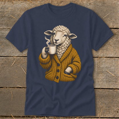 A dark blue t-shirt printed with a graphic of a sheep wearing a yellow cardigan and drinking coffee.