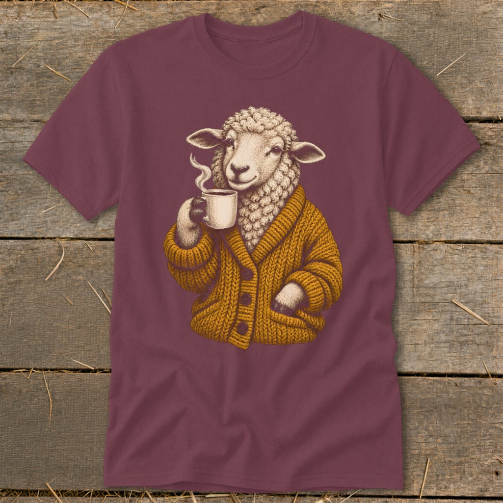 Maroon t-shirt featuring an illustration of a sheep in a yellow cardigan holding a steaming mug of coffee.