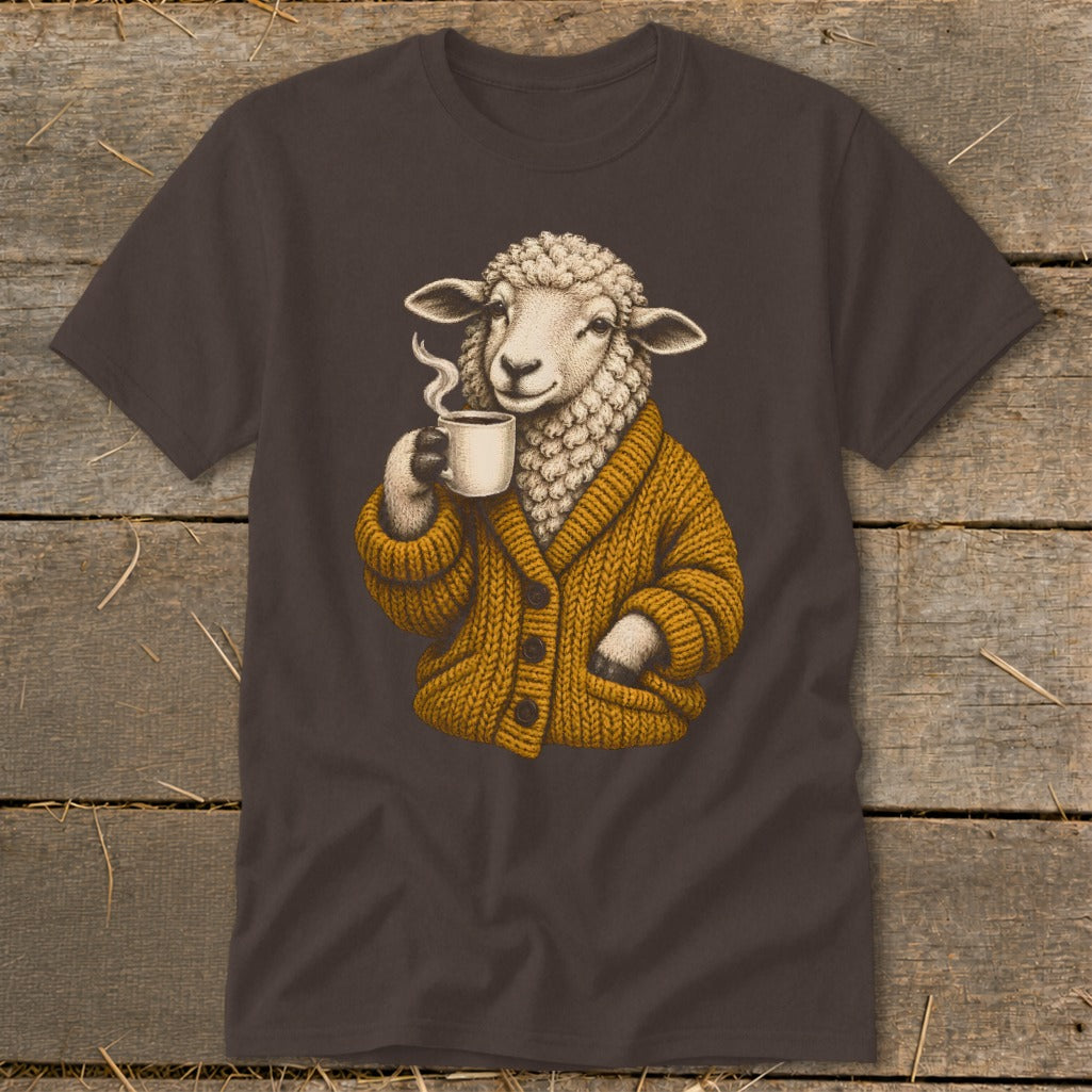 Dark brown crewneck t-shirt featuring a graphic of a sheep wearing a mustard yellow cardigan while drinking coffee.