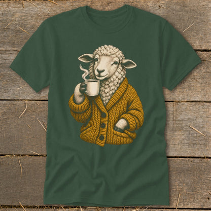 A dark green crewneck t-shirt featuring a graphic of a sheep wearing a mustard yellow cardigan and holding a steaming white mug.