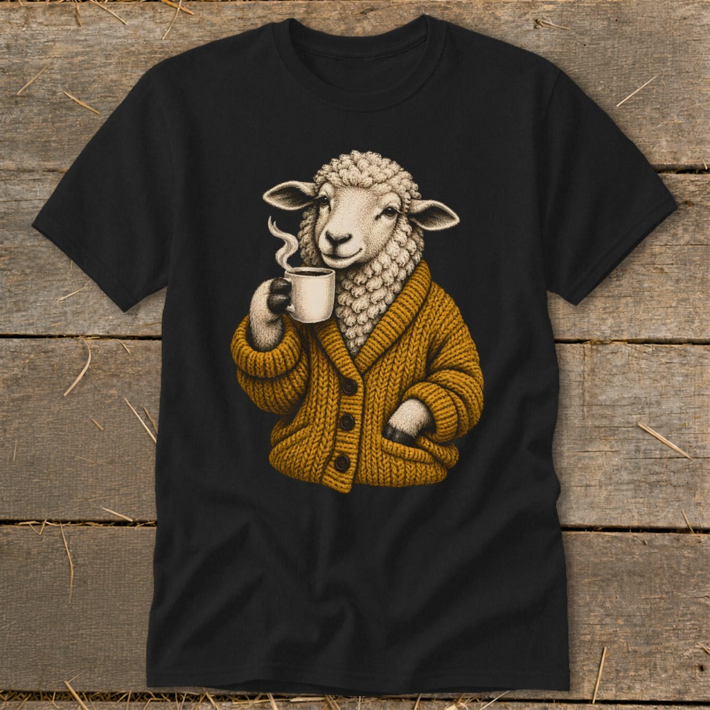 A black t-shirt features a graphic of a sheep wearing a mustard-yellow cardigan while holding a steaming mug of coffee.
