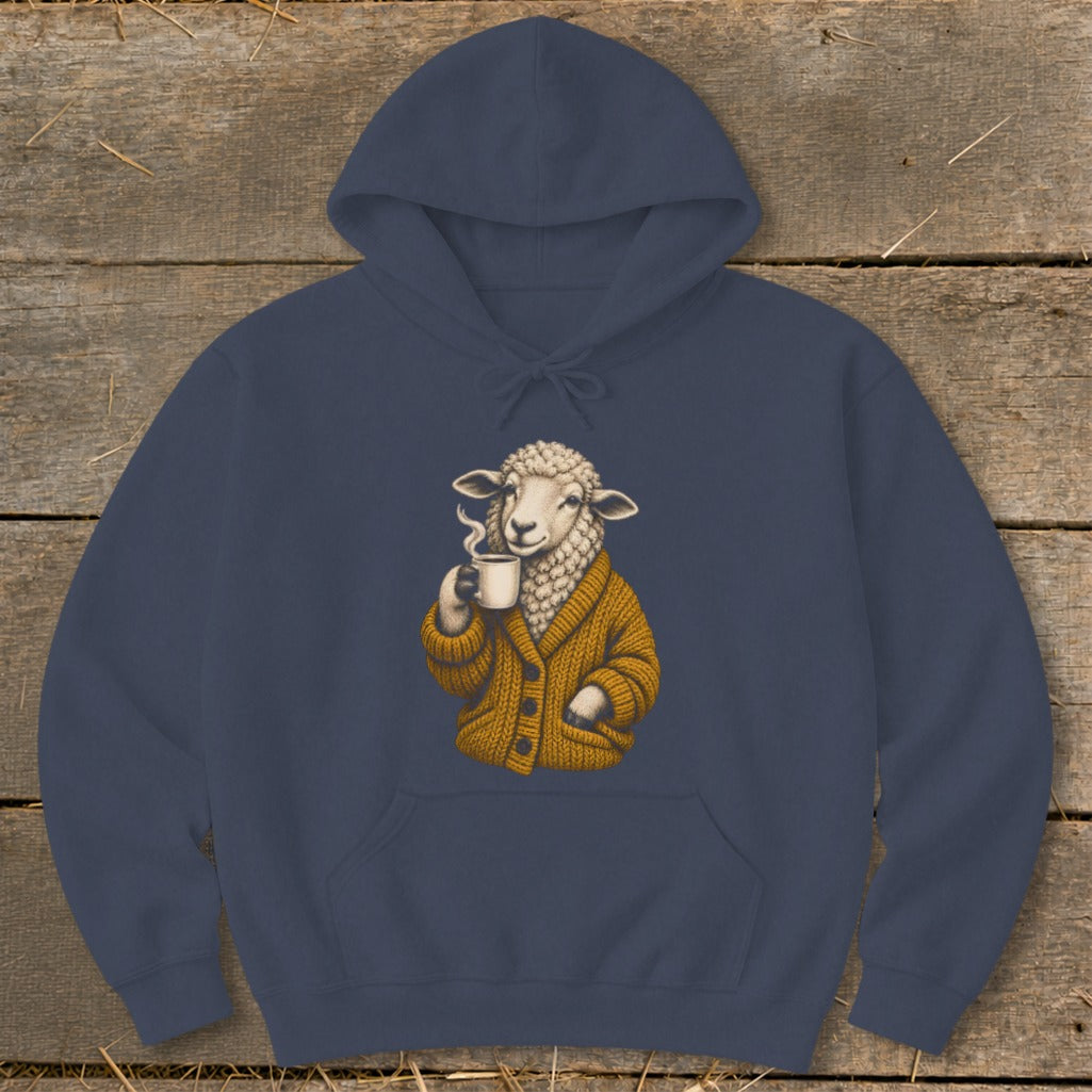 A navy blue hooded sweatshirt features a graphic of a sheep wearing a yellow cardigan drinking coffee.