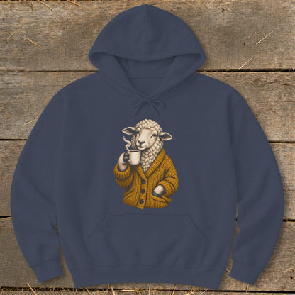 A navy blue hooded sweatshirt features a graphic of a sheep wearing a yellow cardigan drinking coffee.