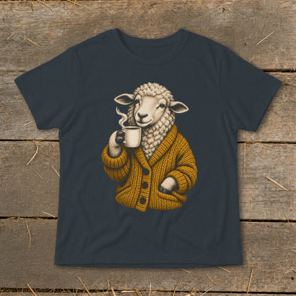 Dark grey t-shirt featuring a graphic of a sheep wearing a yellow cardigan while drinking coffee.