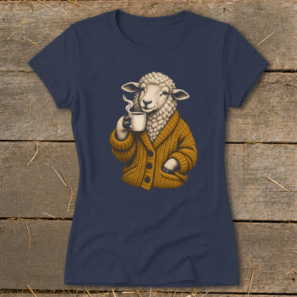 Dark blue t-shirt featuring a graphic of a sheep wearing a mustard yellow cardigan drinking coffee.